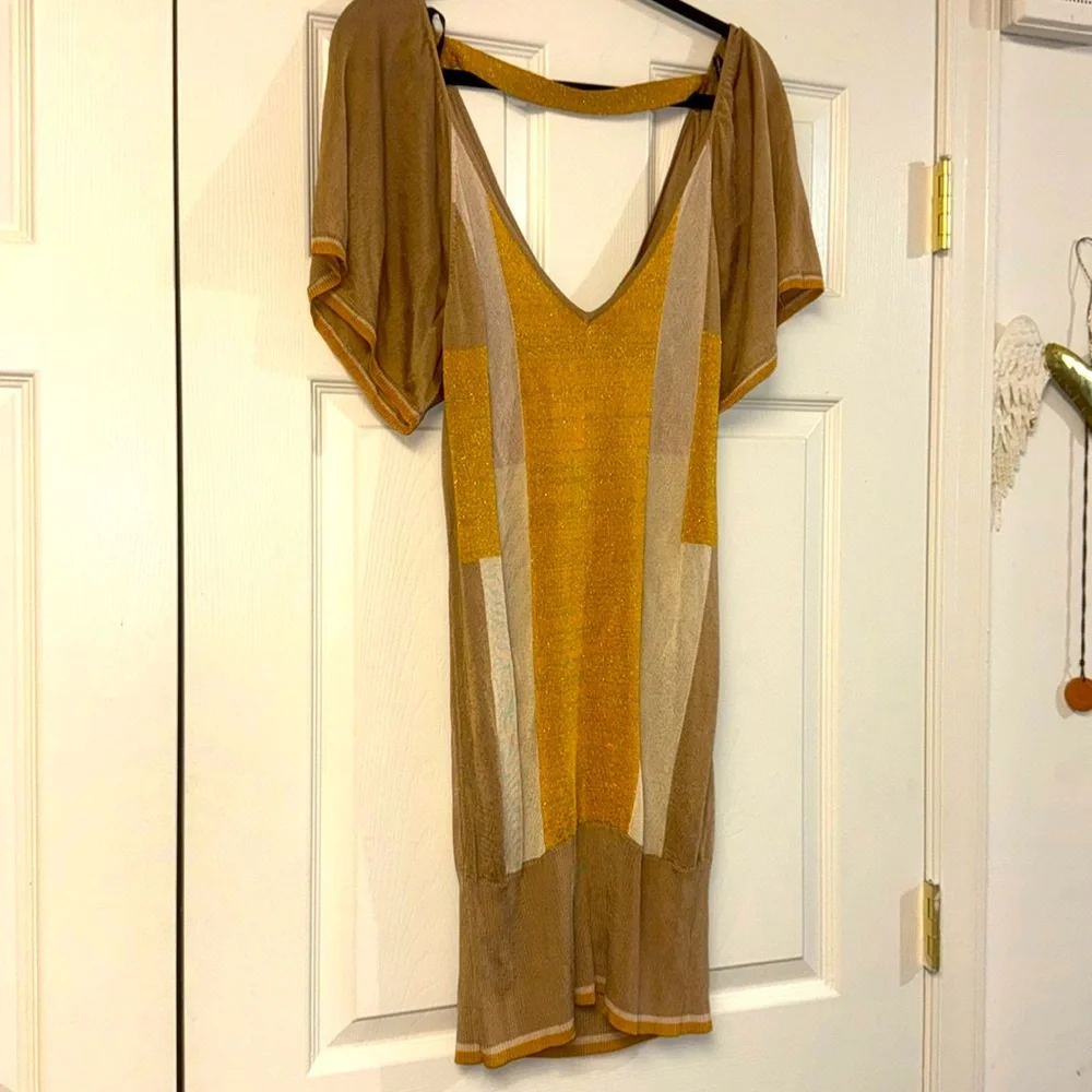 Bebe tan gold v neck short sleeve bodycon stretchy sweater tunic top dress L - Picture 1 of 11